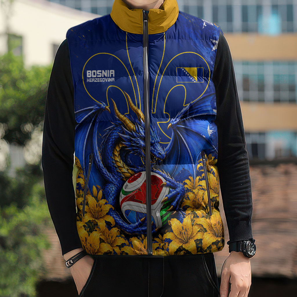 Personalized Bosnia Herzegovina Dragon Soccer Sleeveless Puffer Jacket Football Golden Lily Bosnian Flag Cheering Fans