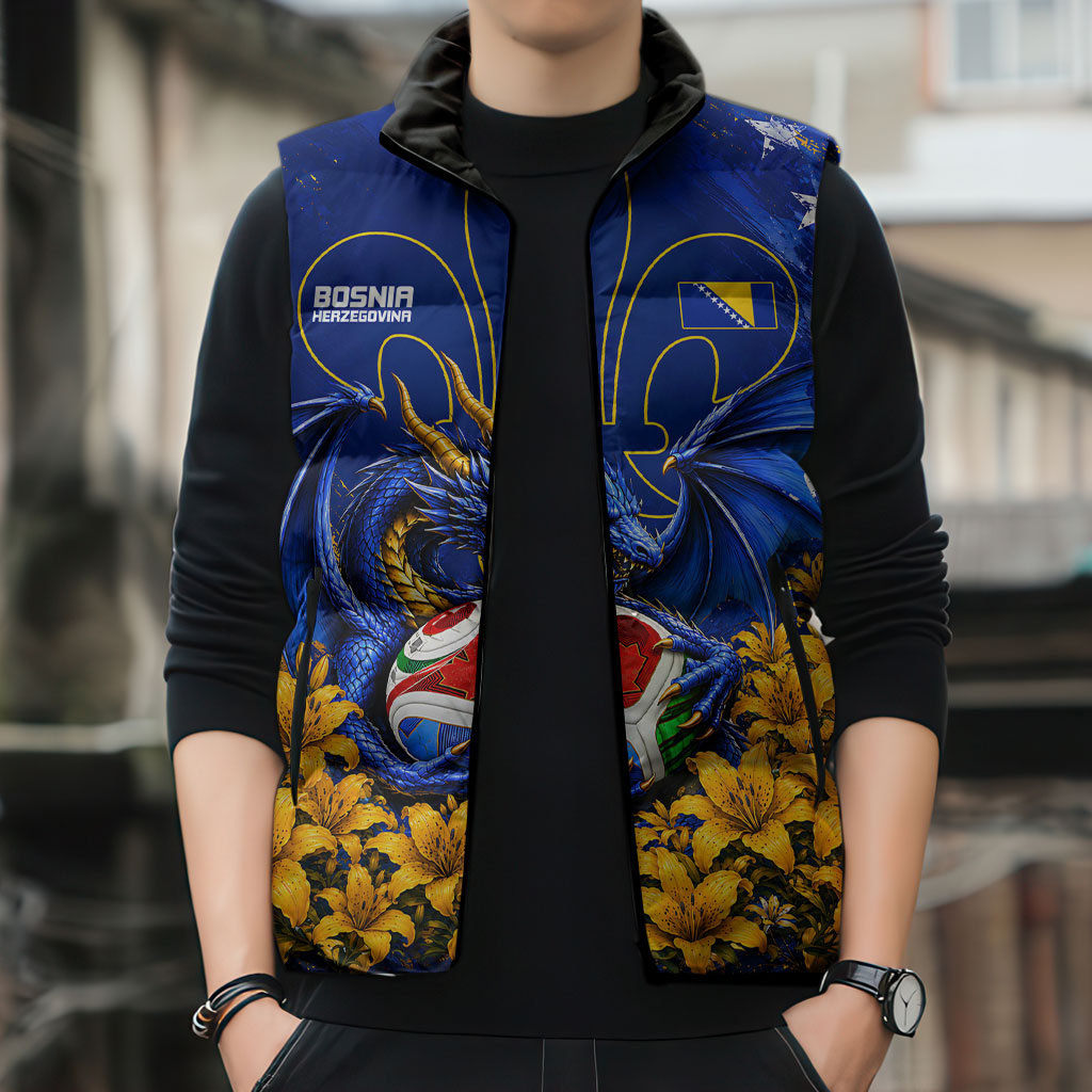 Personalized Bosnia Herzegovina Dragon Soccer Sleeveless Puffer Jacket Football Golden Lily Bosnian Flag Cheering Fans
