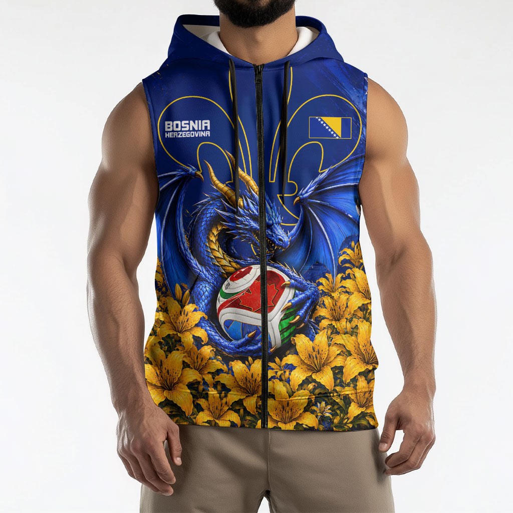 Personalized Bosnia Herzegovina Dragon Soccer Sleeveless Zip Hoodie Football Golden Lily Bosnian Flag Cheering Fans