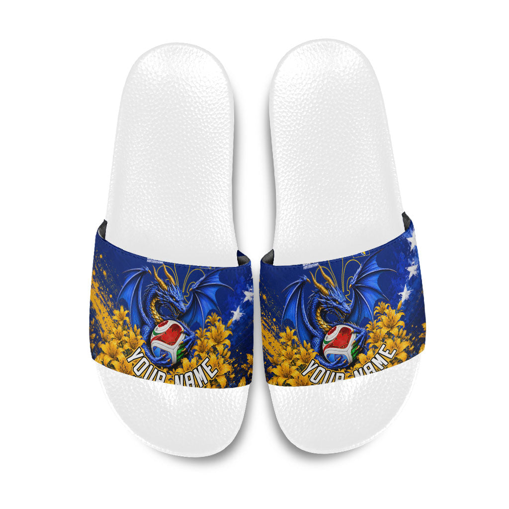 Personalized Bosnia Herzegovina Dragon Soccer Slide Sandals Football Golden Lily Bosnian Flag Cheering Fans