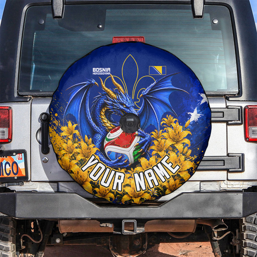 Personalized Bosnia Herzegovina Dragon Soccer Spare Tire Cover Football Golden Lily Bosnian Flag Cheering Fans