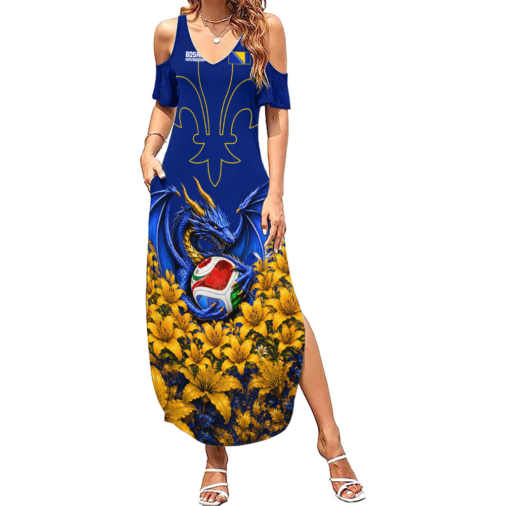 Personalized Bosnia Herzegovina Dragon Soccer Summer Maxi Dress Football Golden Lily Bosnian Flag Cheering Fans