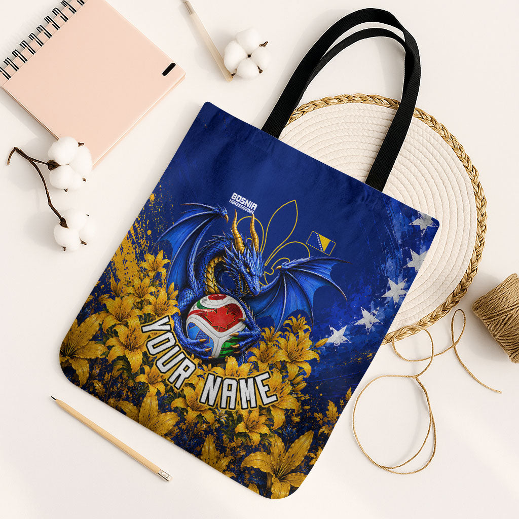 Personalized Bosnia Herzegovina Dragon Soccer Tote Bag Football Golden Lily Bosnian Flag Cheering Fans