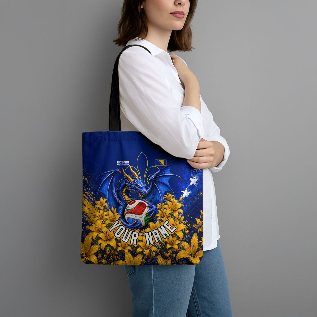 Personalized Bosnia Herzegovina Dragon Soccer Tote Bag Football Golden Lily Bosnian Flag Cheering Fans