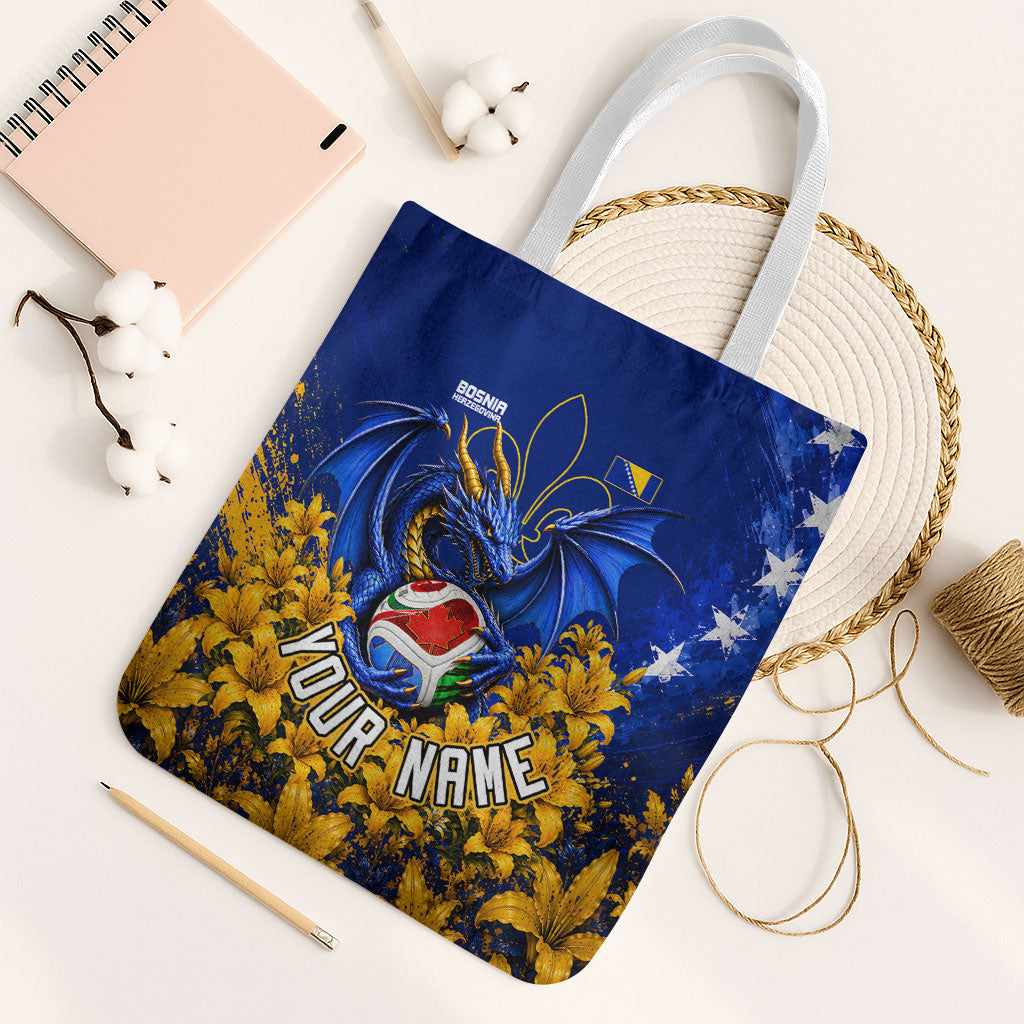 Personalized Bosnia Herzegovina Dragon Soccer Tote Bag Football Golden Lily Bosnian Flag Cheering Fans