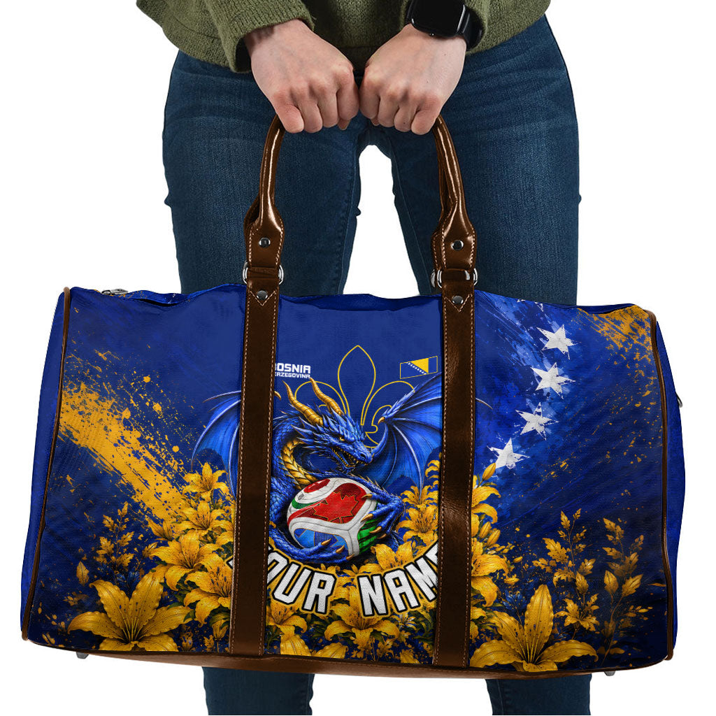 Personalized Bosnia Herzegovina Dragon Soccer Travel Bag Football Golden Lily Bosnian Flag Cheering Fans