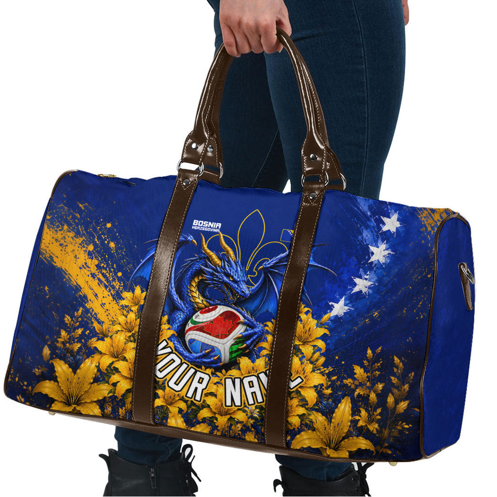 Personalized Bosnia Herzegovina Dragon Soccer Travel Bag Football Golden Lily Bosnian Flag Cheering Fans