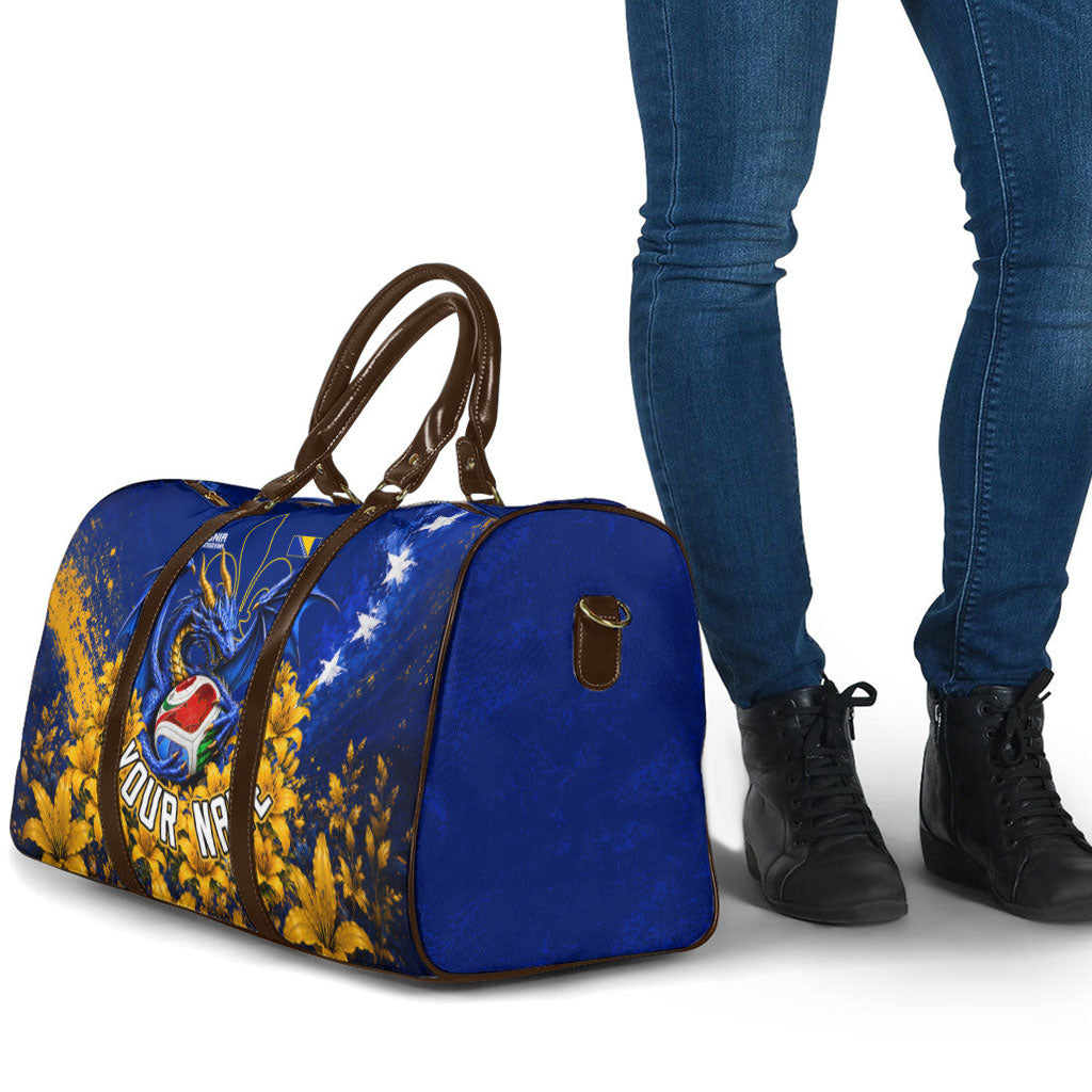 Personalized Bosnia Herzegovina Dragon Soccer Travel Bag Football Golden Lily Bosnian Flag Cheering Fans
