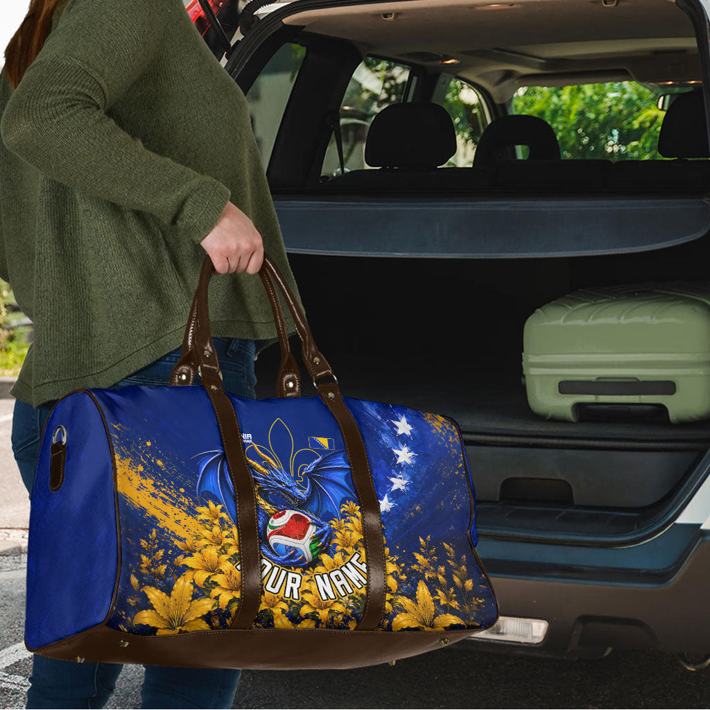 Personalized Bosnia Herzegovina Dragon Soccer Travel Bag Football Golden Lily Bosnian Flag Cheering Fans