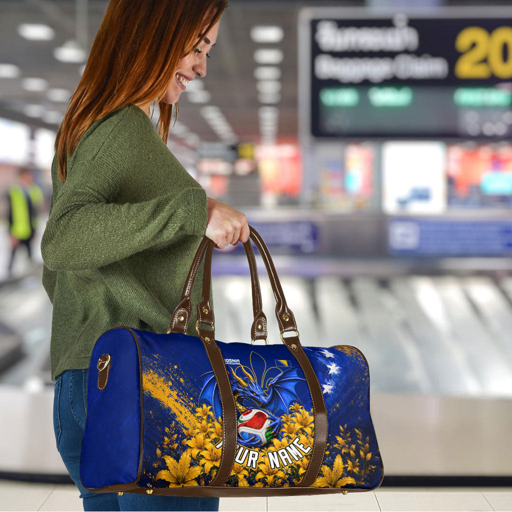 Personalized Bosnia Herzegovina Dragon Soccer Travel Bag Football Golden Lily Bosnian Flag Cheering Fans