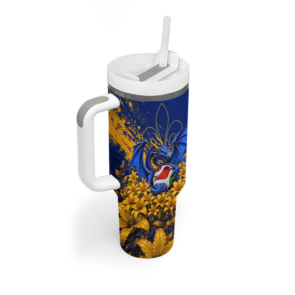 Personalized Bosnia Herzegovina Dragon Soccer Tumbler With Handle Football Golden Lily Bosnian Flag Cheering Fans