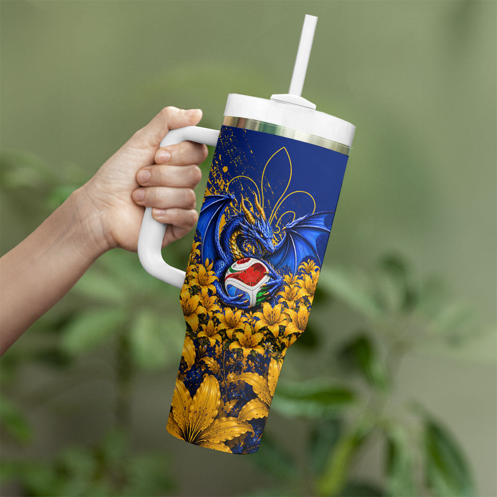 Personalized Bosnia Herzegovina Dragon Soccer Tumbler With Handle Football Golden Lily Bosnian Flag Cheering Fans