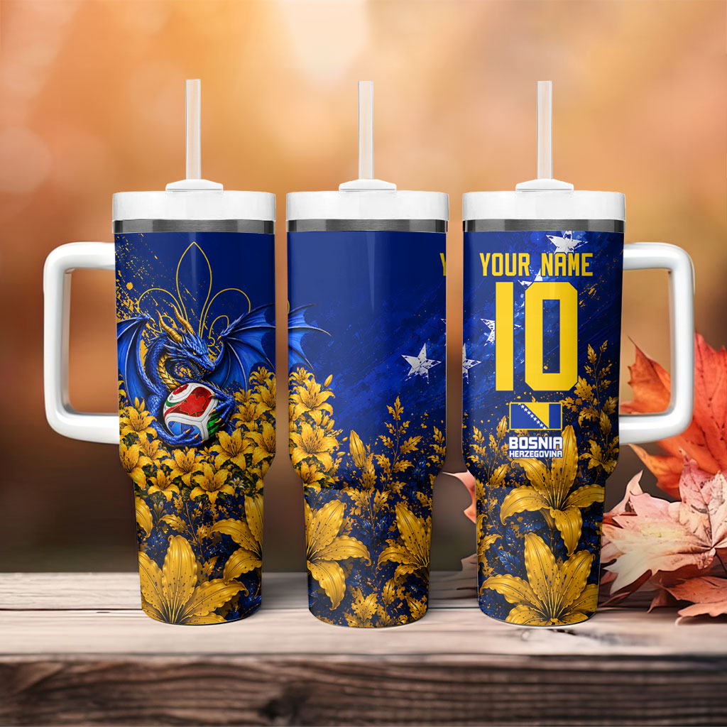 Personalized Bosnia Herzegovina Dragon Soccer Tumbler With Handle Football Golden Lily Bosnian Flag Cheering Fans
