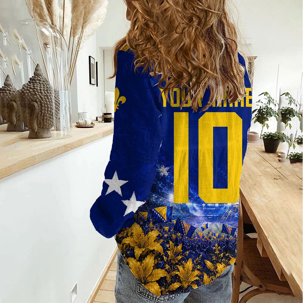 Personalized Bosnia Herzegovina Dragon Soccer Women Casual Shirt Football Golden Lily Bosnian Flag Cheering Fans