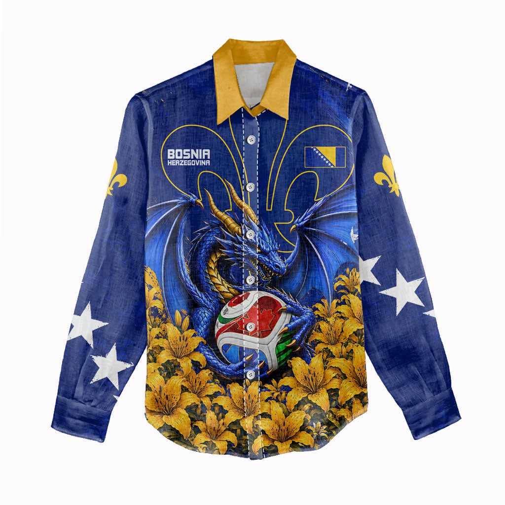 Personalized Bosnia Herzegovina Dragon Soccer Women Casual Shirt Football Golden Lily Bosnian Flag Cheering Fans