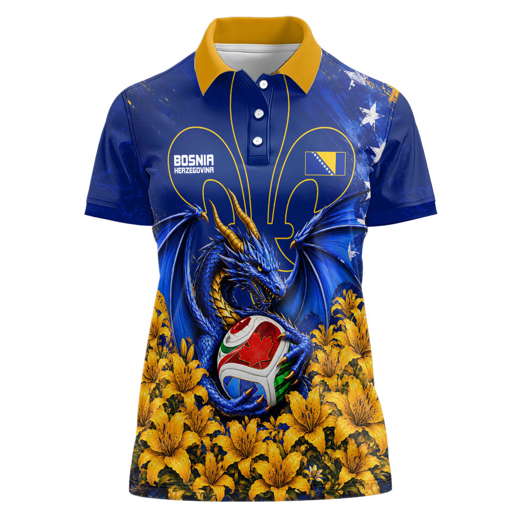 Personalized Bosnia Herzegovina Dragon Soccer Women Polo Shirt Football Golden Lily Bosnian Flag Cheering Fans