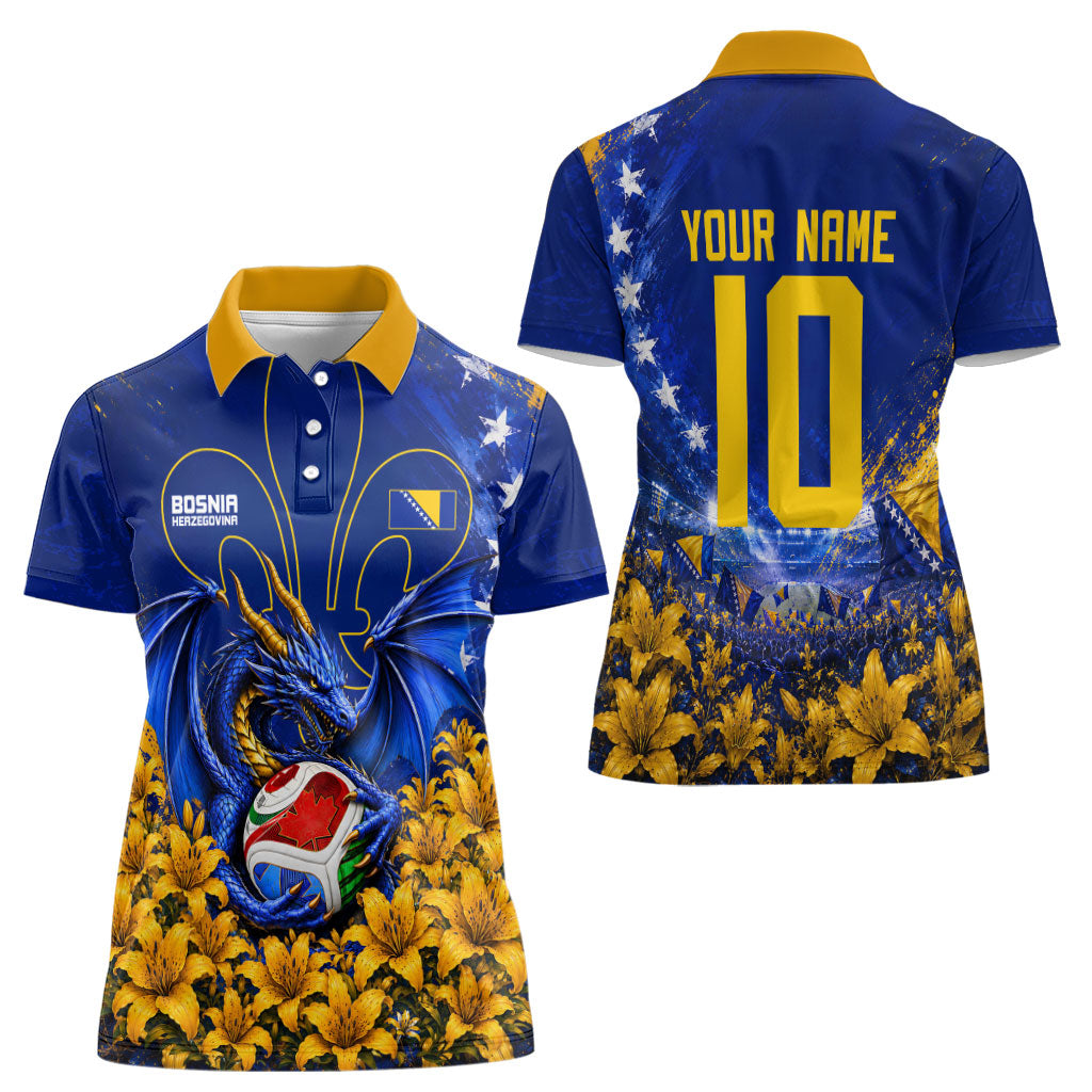 Personalized Bosnia Herzegovina Dragon Soccer Women Polo Shirt Football Golden Lily Bosnian Flag Cheering Fans