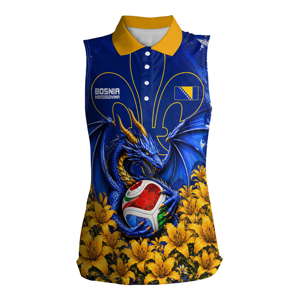 Personalized Bosnia Herzegovina Dragon Soccer Women Sleeveless Polo Shirt Football Golden Lily Bosnian Flag Cheering Fans