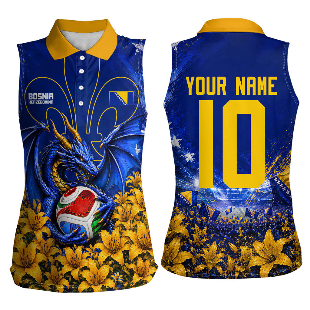 Personalized Bosnia Herzegovina Dragon Soccer Women Sleeveless Polo Shirt Football Golden Lily Bosnian Flag Cheering Fans