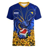 Personalized Bosnia Herzegovina Dragon Soccer Women V-Neck T-Shirt Football Golden Lily Bosnian Flag Cheering Fans