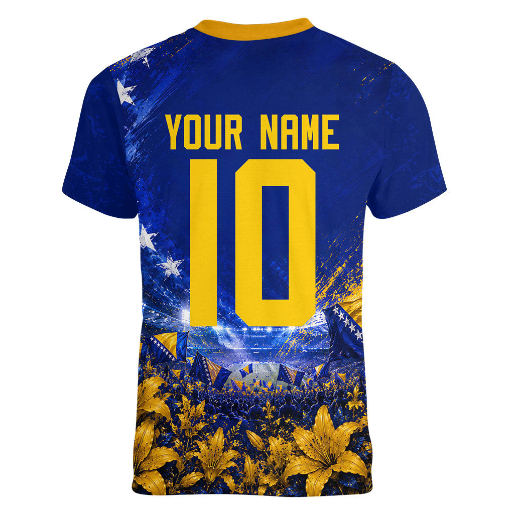 Personalized Bosnia Herzegovina Dragon Soccer Women V-Neck T-Shirt Football Golden Lily Bosnian Flag Cheering Fans