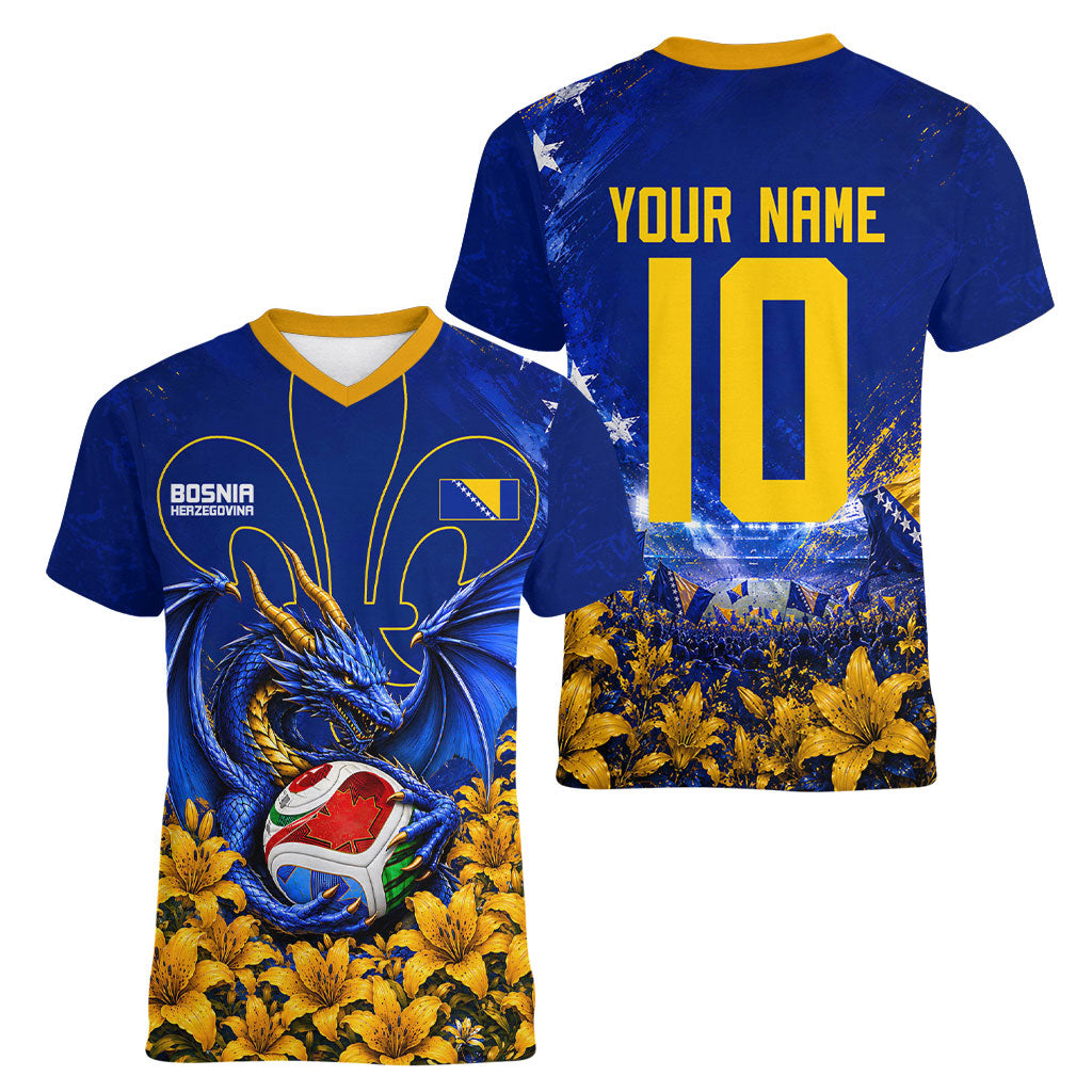 Personalized Bosnia Herzegovina Dragon Soccer Women V-Neck T-Shirt Football Golden Lily Bosnian Flag Cheering Fans