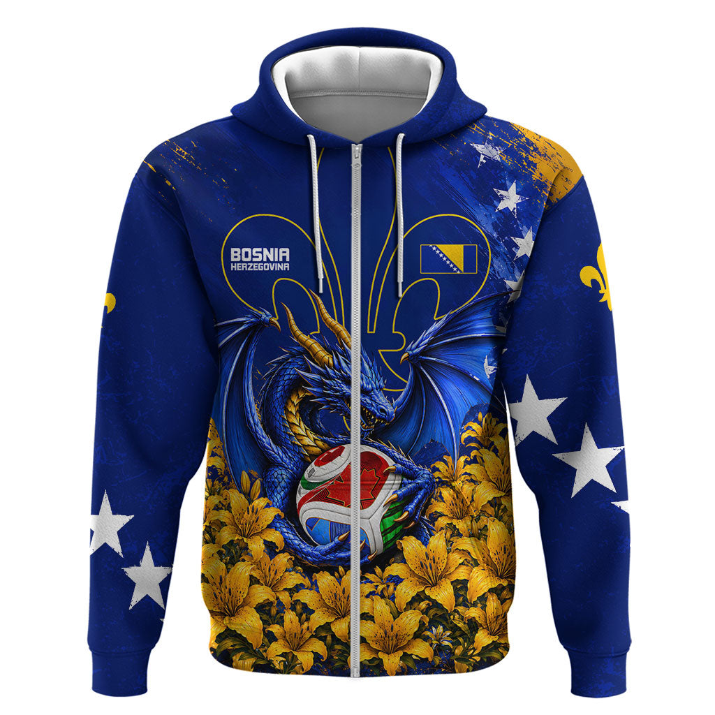 Personalized Bosnia Herzegovina Dragon Soccer Zip Hoodie Football Golden Lily Bosnian Flag Cheering Fans