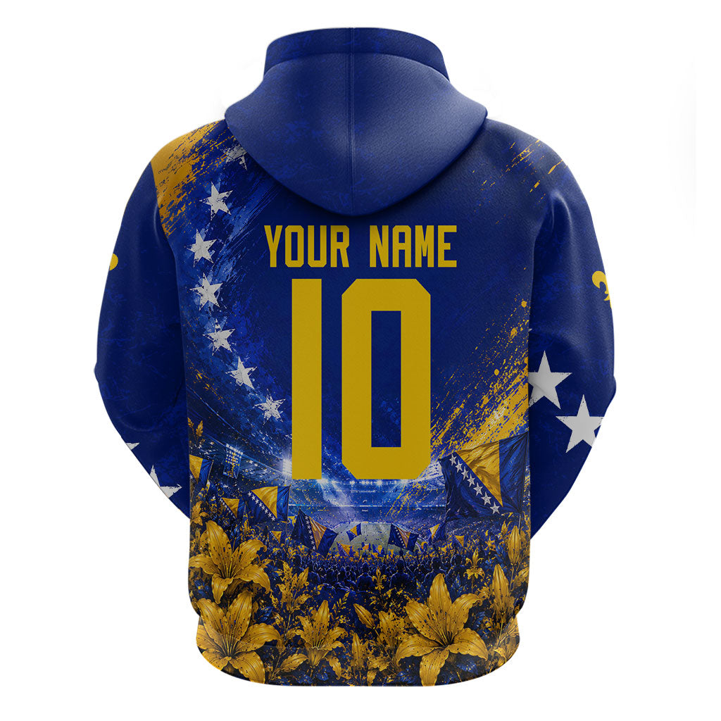 Personalized Bosnia Herzegovina Dragon Soccer Zip Hoodie Football Golden Lily Bosnian Flag Cheering Fans