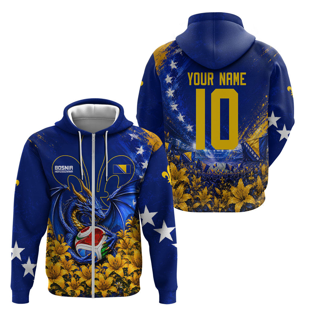 Personalized Bosnia Herzegovina Dragon Soccer Zip Hoodie Football Golden Lily Bosnian Flag Cheering Fans