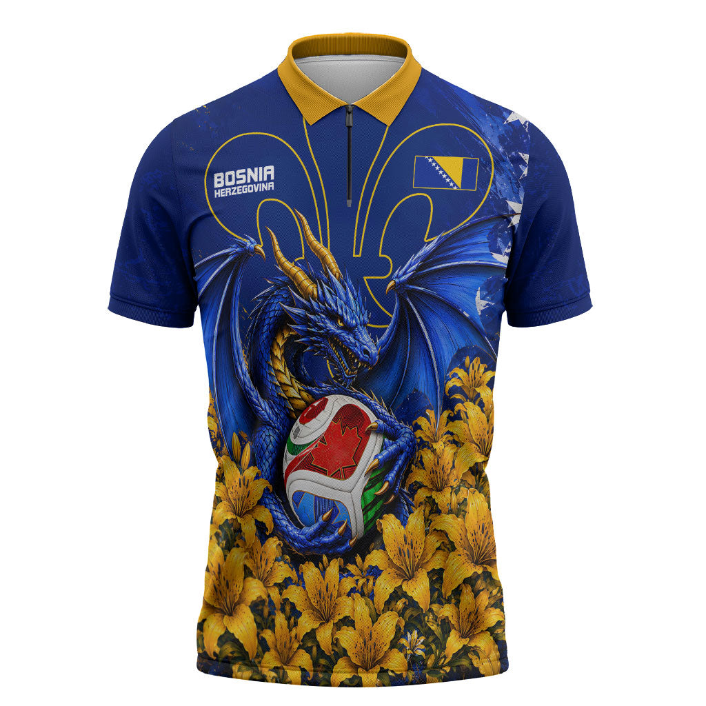 Personalized Bosnia Herzegovina Dragon Soccer Zipper Polo Shirt Football Golden Lily Bosnian Flag Cheering Fans