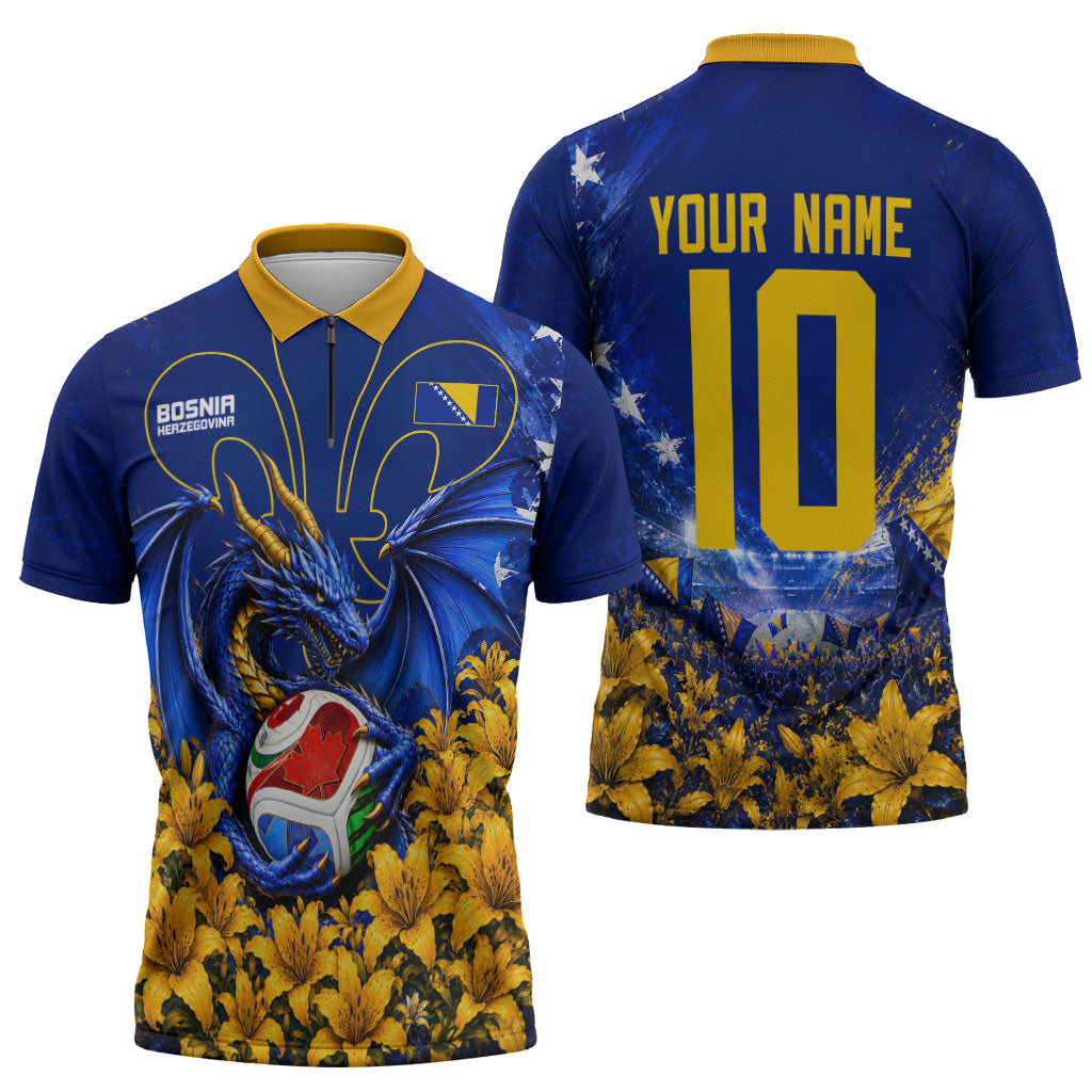 Personalized Bosnia Herzegovina Dragon Soccer Zipper Polo Shirt Football Golden Lily Bosnian Flag Cheering Fans