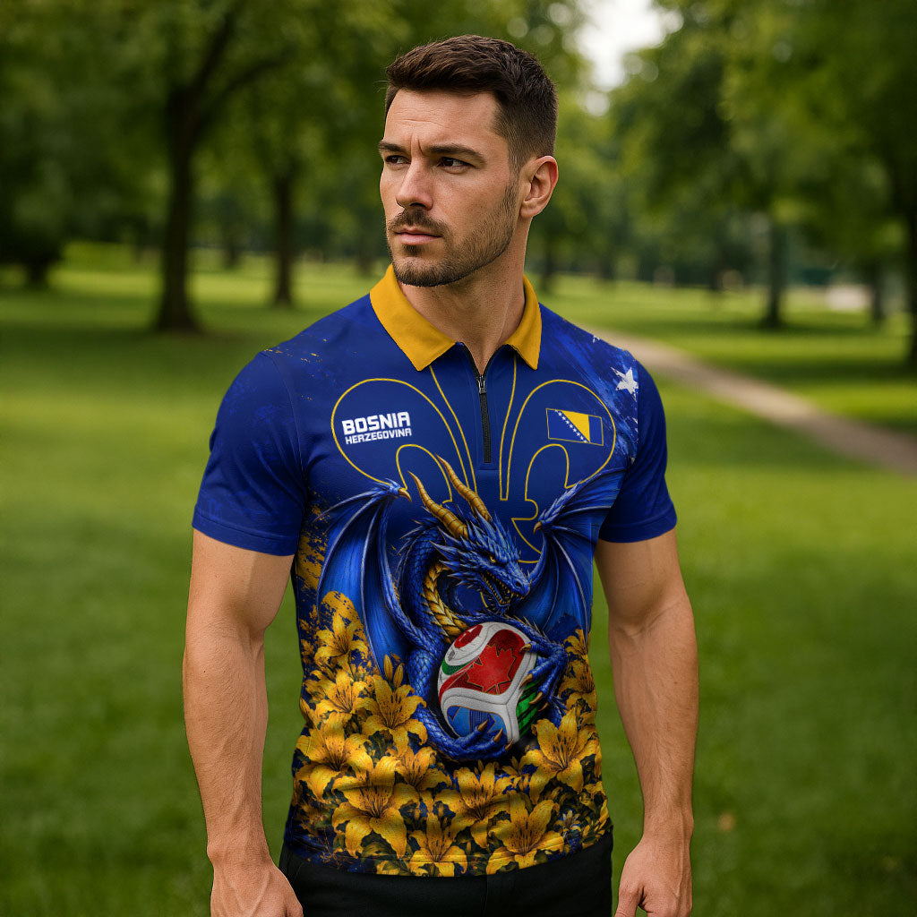 Personalized Bosnia Herzegovina Dragon Soccer Zipper Polo Shirt Football Golden Lily Bosnian Flag Cheering Fans