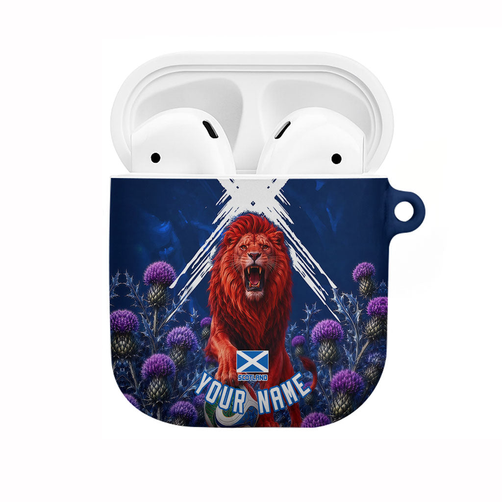 Personalized Scotland Red Lion Soccer AirPods Case Scottish Saltire Flag Purple Thistle Cheering Fans