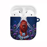 Personalized Scotland Red Lion Soccer AirPods Case Scottish Saltire Flag Purple Thistle Cheering Fans