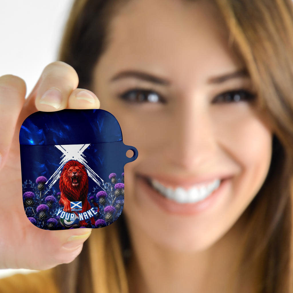 Personalized Scotland Red Lion Soccer AirPods Case Scottish Saltire Flag Purple Thistle Cheering Fans