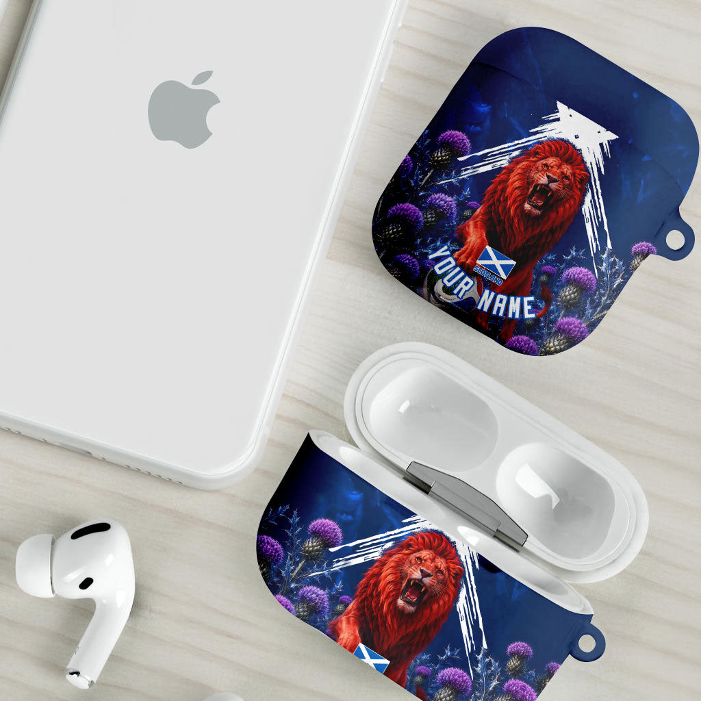 Personalized Scotland Red Lion Soccer AirPods Case Scottish Saltire Flag Purple Thistle Cheering Fans