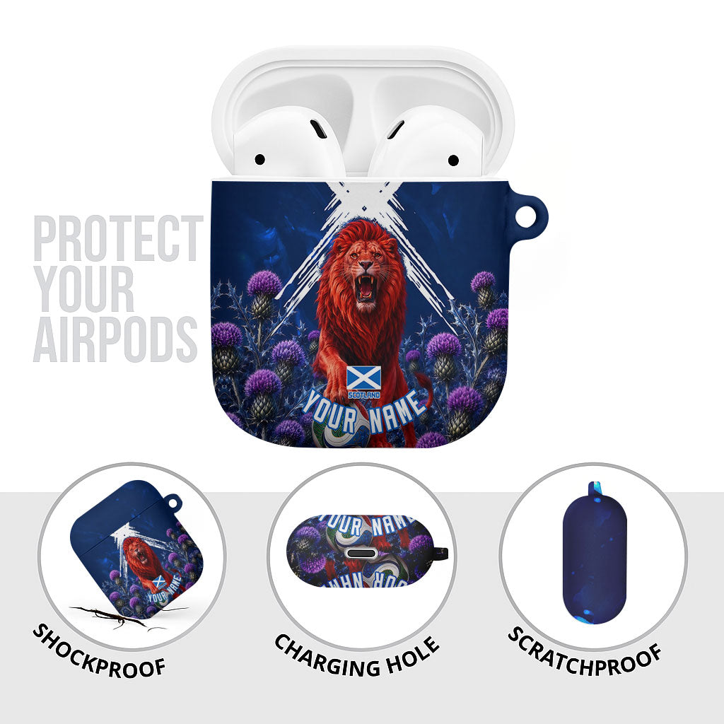 Personalized Scotland Red Lion Soccer AirPods Case Scottish Saltire Flag Purple Thistle Cheering Fans
