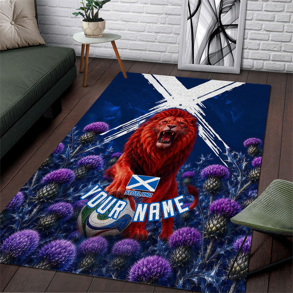 Personalized Scotland Red Lion Soccer Area Rug Scottish Saltire Flag Purple Thistle Cheering Fans