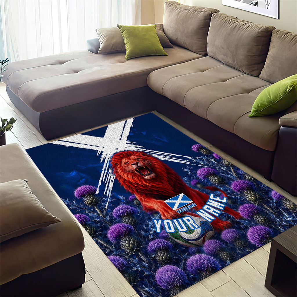 Personalized Scotland Red Lion Soccer Area Rug Scottish Saltire Flag Purple Thistle Cheering Fans