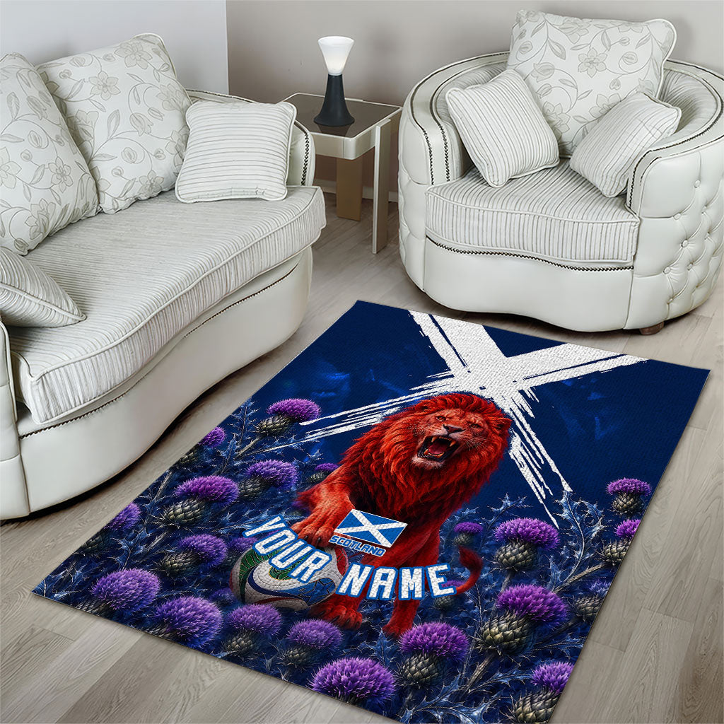 Personalized Scotland Red Lion Soccer Area Rug Scottish Saltire Flag Purple Thistle Cheering Fans