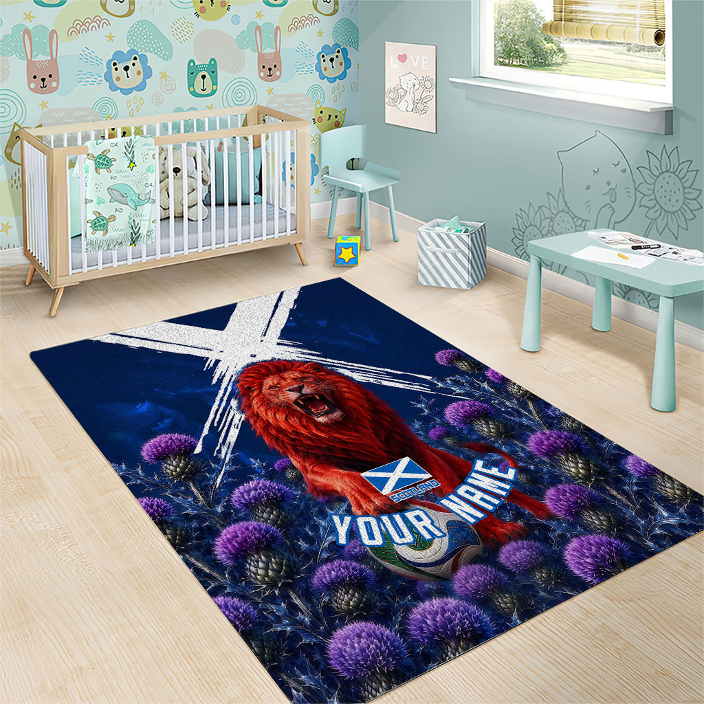 Personalized Scotland Red Lion Soccer Area Rug Scottish Saltire Flag Purple Thistle Cheering Fans