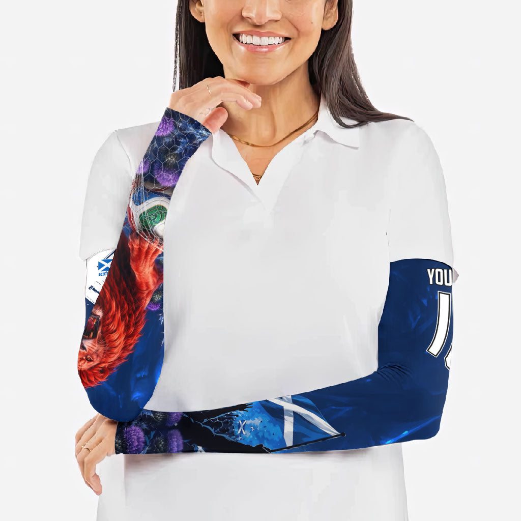 Personalized Scotland Red Lion Soccer Arm Sleeves Scottish Saltire Flag Purple Thistle Cheering Fans