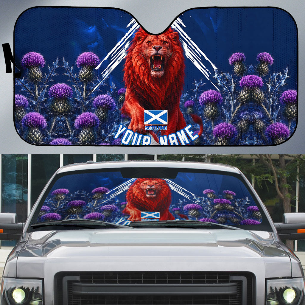Personalized Scotland Red Lion Soccer Auto Sun Shade Scottish Saltire Flag Purple Thistle Cheering Fans