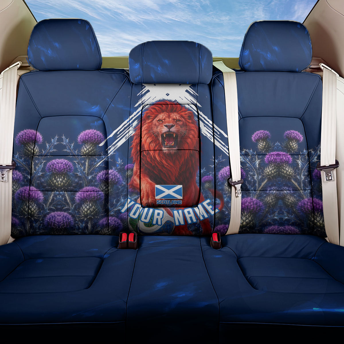 Personalized Scotland Red Lion Soccer Back Car Seat Cover Scottish Saltire Flag Purple Thistle Cheering Fans