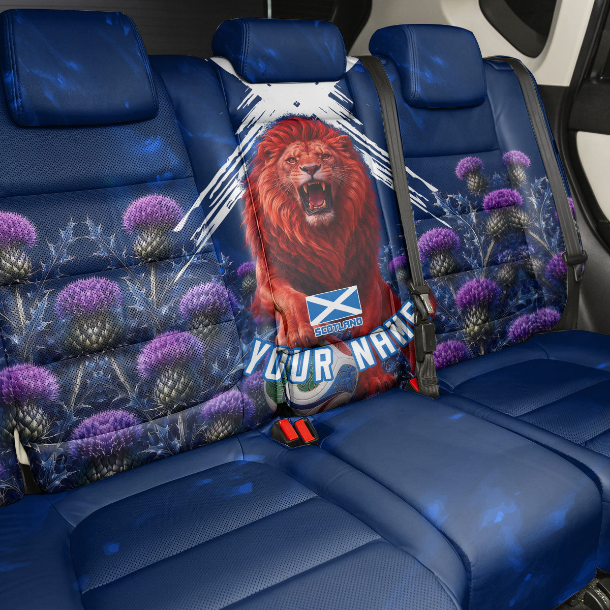 Personalized Scotland Red Lion Soccer Back Car Seat Cover Scottish Saltire Flag Purple Thistle Cheering Fans