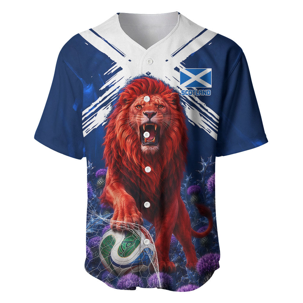 Personalized Scotland Red Lion Soccer Baseball Jersey Scottish Saltire Flag Purple Thistle Cheering Fans