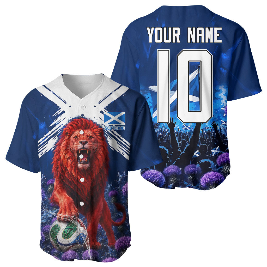Personalized Scotland Red Lion Soccer Baseball Jersey Scottish Saltire Flag Purple Thistle Cheering Fans