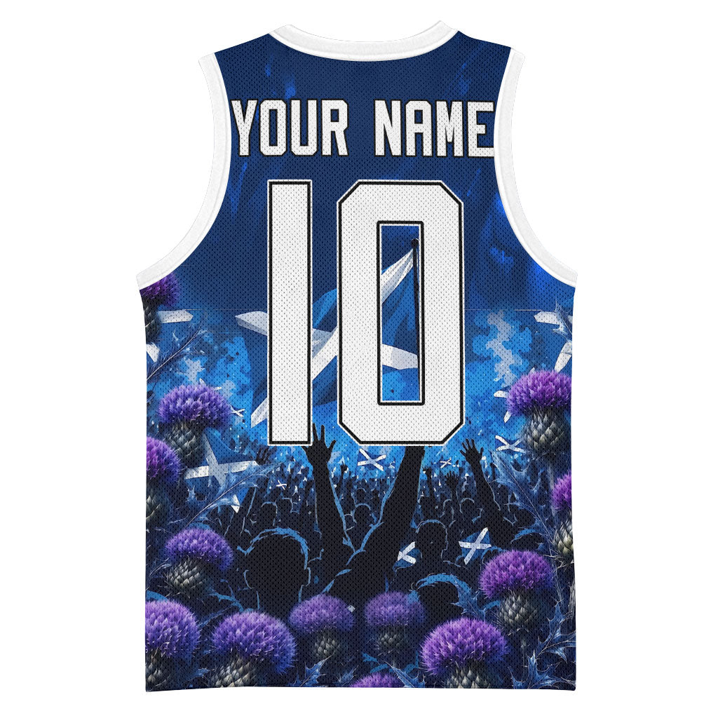 Personalized Scotland Red Lion Soccer Basketball Jersey Scottish Saltire Flag Purple Thistle Cheering Fans