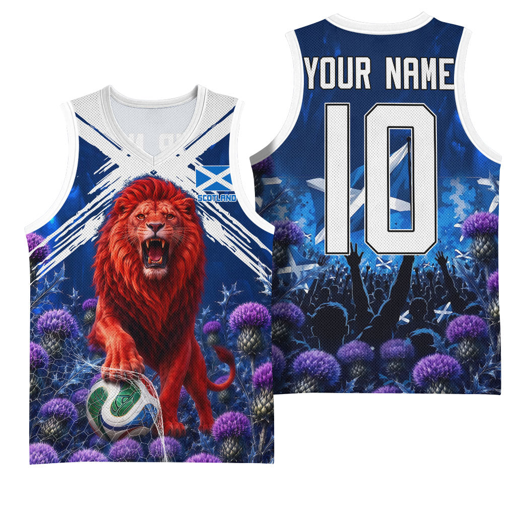 Personalized Scotland Red Lion Soccer Basketball Jersey Scottish Saltire Flag Purple Thistle Cheering Fans