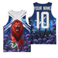 Personalized Scotland Red Lion Soccer Basketball Jersey Scottish Saltire Flag Purple Thistle Cheering Fans